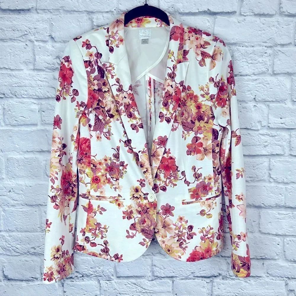 LC Lauren Conrad Women's White Pink Floral Single Button Blazer Size 4